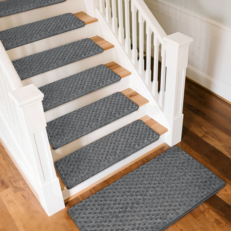 Rease Diamond Pattern Bullnosed Stair Treads (14pc) With Landing Mat (1pc) Set, Gray Mini Diamond Trellis