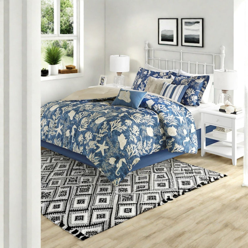 Premium Cotton Sateen Bedding Set, Queen Size Coastal Blue For Home