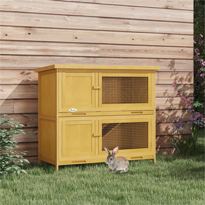 PawHut Wooden Bunny Rabbit Hutch, Small Animal Habitat with Ramp, Removable Tray & Weatherproof Roof, Indoor/Outdoor, Yellow