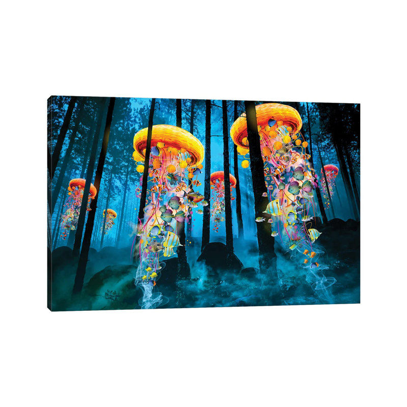 " Electric Jellyfish In A New Blue Forest " by David Loblaw, 26" H x 40" W x 1.5" D