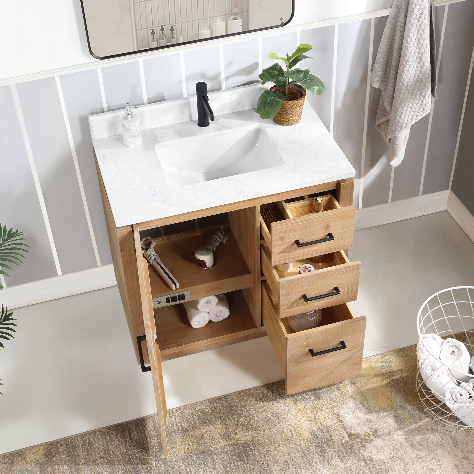 Cloverfield 36'' Single Bathroom Vanity, Fir Wood Brown, Matte Black