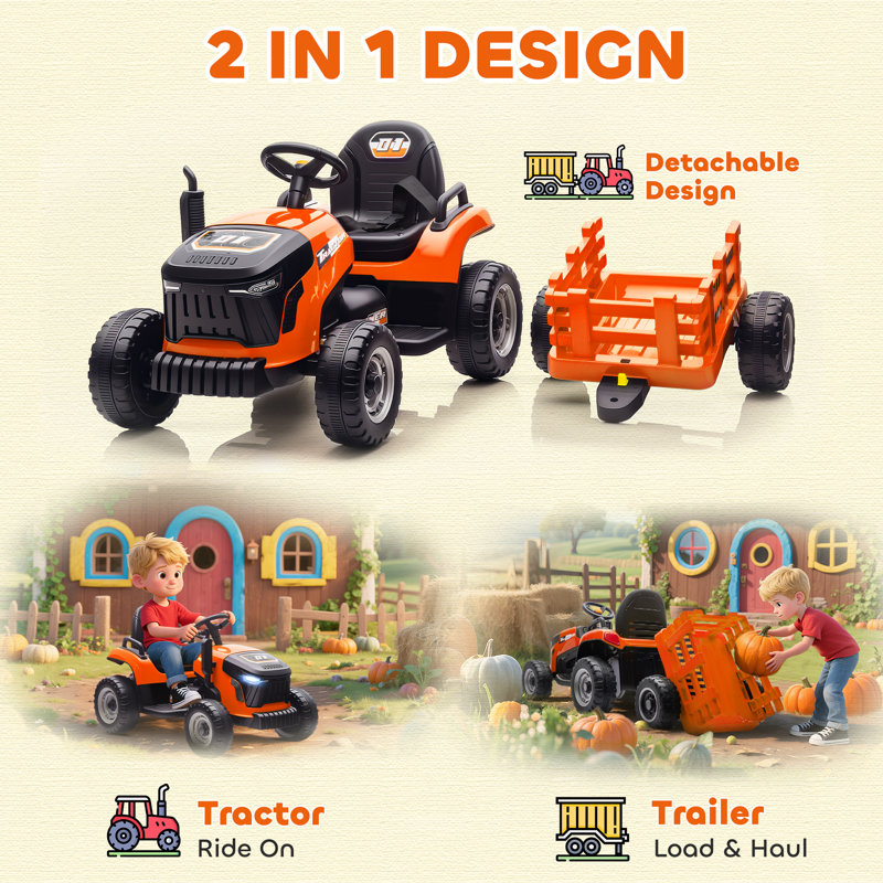 Kids Ride On Tractor with Trailor, Kids 12V Ride on Car, Orange, Orange