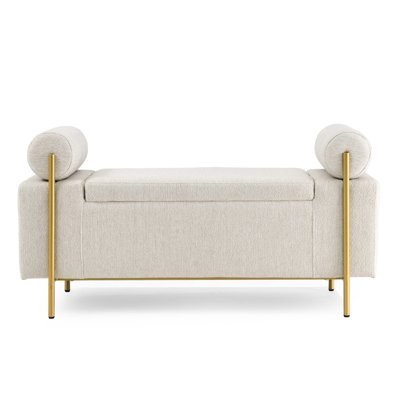 Elegant Upholstered Storage Bench With Cylindrical Arms And Iron Leg Construction For Living Room Bedroom Hallway Beige Stable Legs