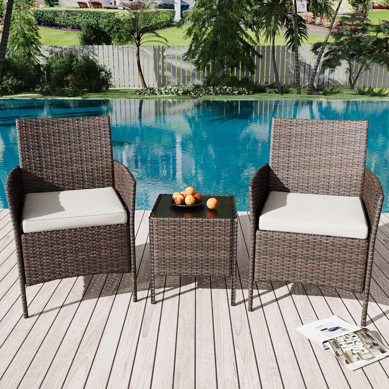3-Piece Outdoor Rattan Furniture Set with All-Weather Cushions,Modern Patio Seating Group with Table Outdoor Garden Furniture Sets for Garden, Backyard, Porch