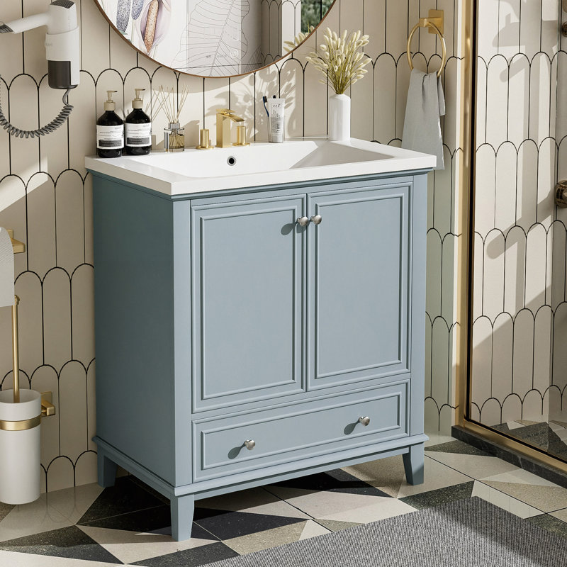 Ensemble de meuble-lavabo 30 po avec lavabo, armoire de salle de bain multifonctionnelle avec portes et tiroir, structure solide et panneau de fibres à densité moyenne