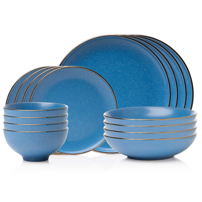 Blue Ceramic Dinnerware Set with Gold Rim, Service for 4