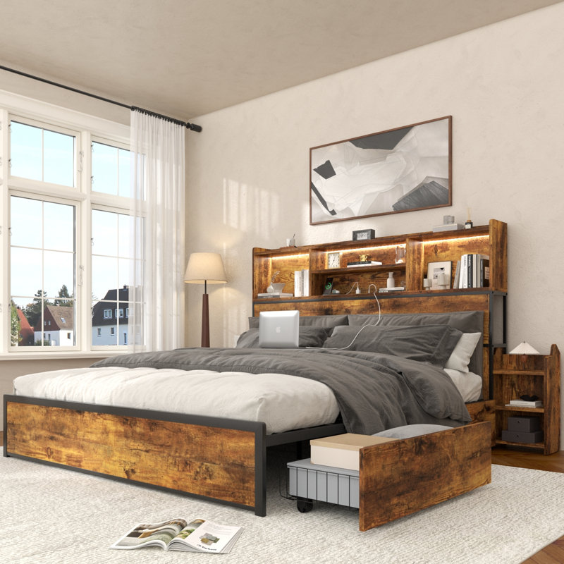 Platform Bed Frame With 4 Under‑Bed Storage Drawers, Storage Headboard With Pull Out Nightstands, Charging Station & Rgb Led Lights, No Box Spring Required