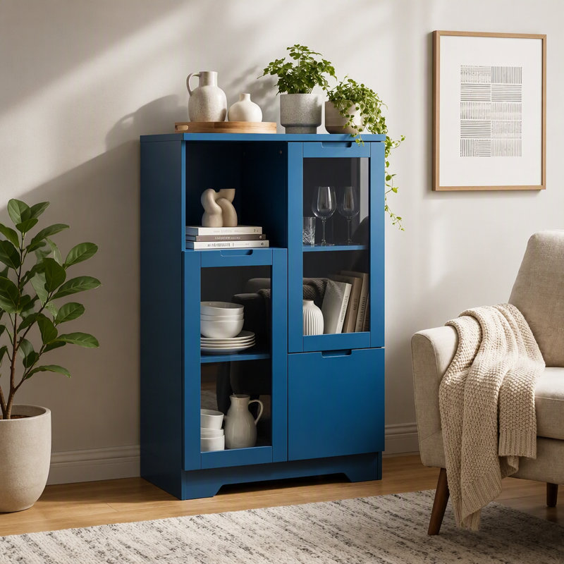 Armoire en panneau de fibres à densité moyenne peinte avec portes en verre et tiroir, Bleu