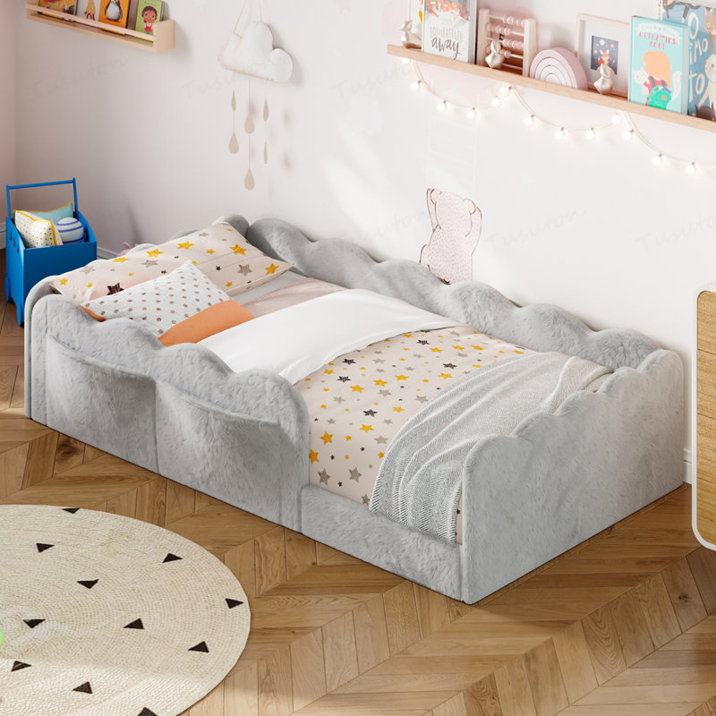 Lit simple tapissier sur pied, Gris clair