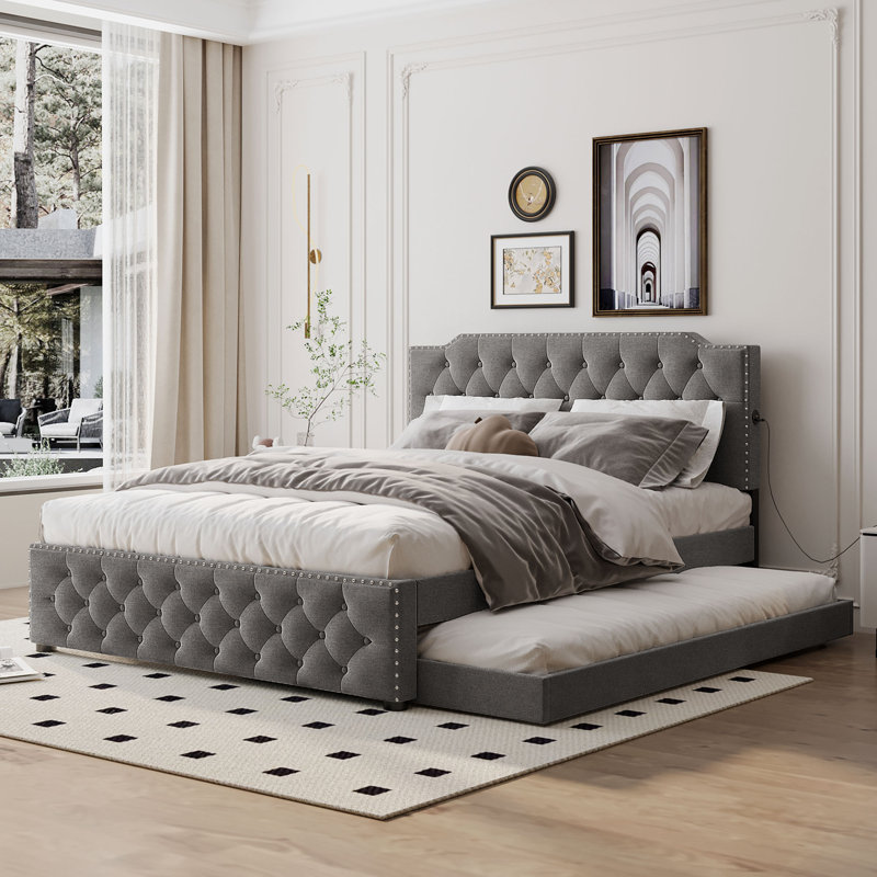 Lit plateforme tapissier avec lit gigogne, Gris