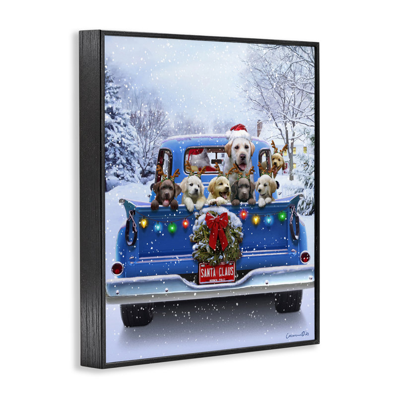 «Christmas Tailgate Puppies», estampe numérique de Jadei, Giclée encadrée noir minuit, H 30 po x l 24 po