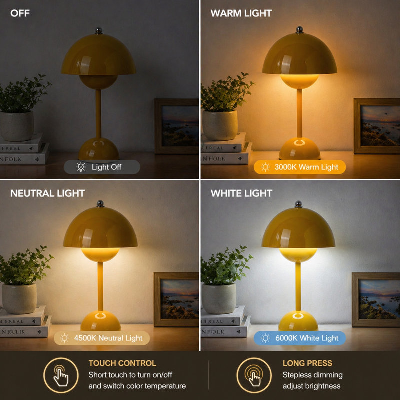 Lampe de table champignon sans cordon à intensité variable, Blanc