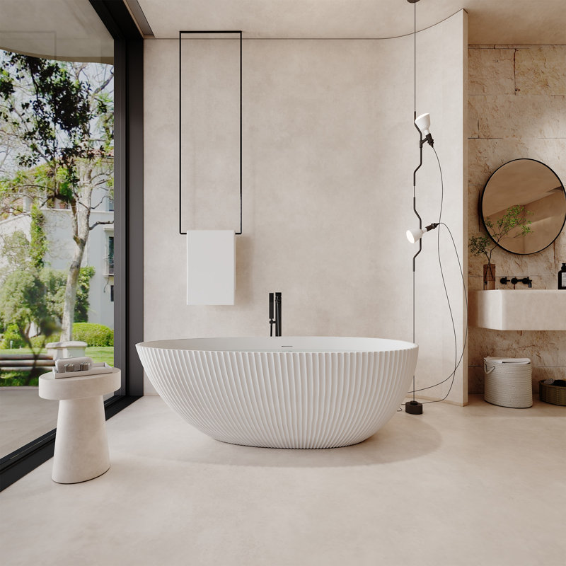 Rippey Casainc 65" Fluted Solid Surface Freestanding Bathtub, Egg-Shaped Deep Soaking Tub with Center Drain, Matte White