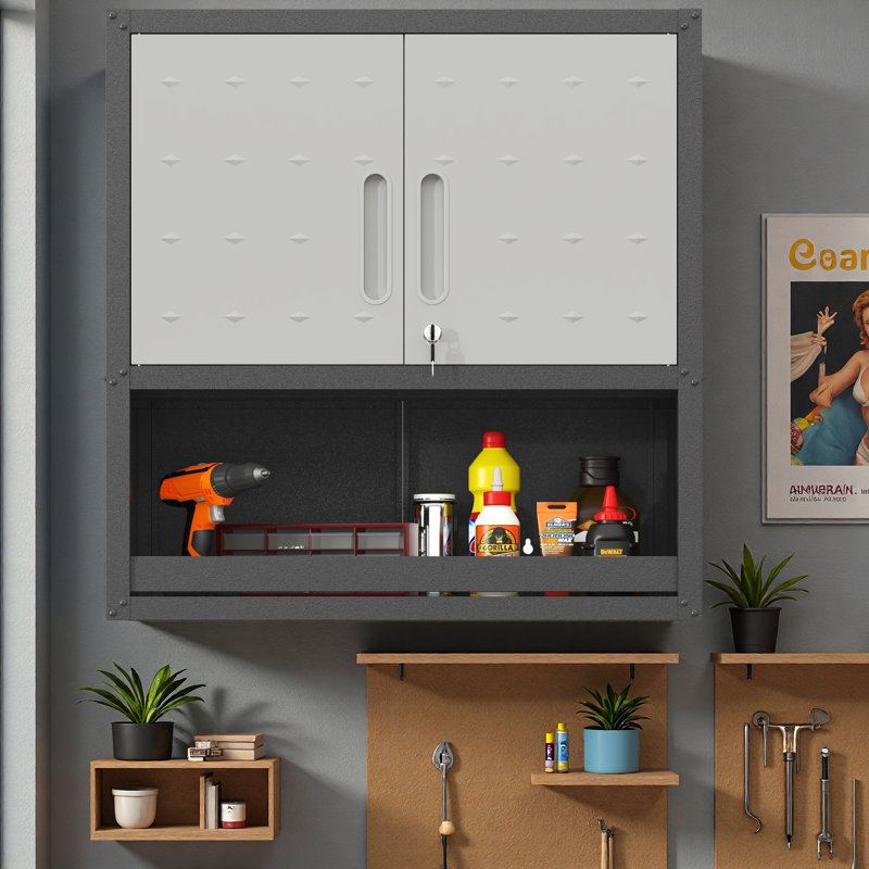 Armoire de rangement murale en métal avec porte verrouillable et 1 tablette 1 tiroir ouvert pour garage