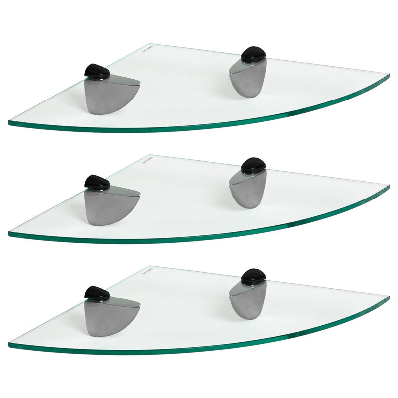 Harbour Housewares - Floating Glass Corner Shelves with Metallic Brackets - Set of 3, 30 H x 30 W x 0.5 D cm, Black