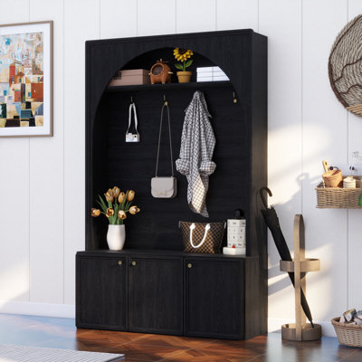 Portemanteau tout-en-un Farmhouse avec tablettes réglables, banc de rangement pour hall d'entrée arqué rétro avec 3 armoires, porte-manteau en bois avec 4 crochets dorés pour vestibule, couloir, noir