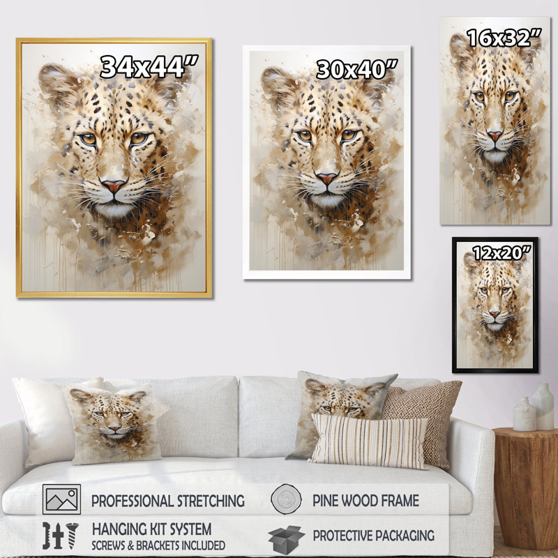 Art mural sur toile, guépard, reproduction de faune, Cadre flottant doré, H 44 po x l 34 po x P 1,5 po