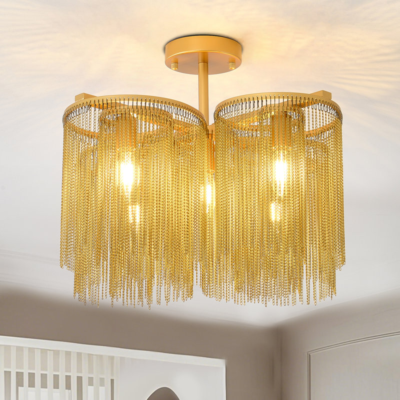 5-Light Gold Metal Tassel Semi Flush Mount 