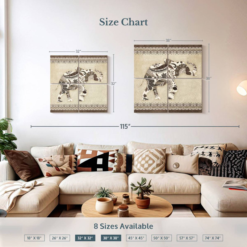 Brampt Neutral Boho Elephant, 32" H x 32" W