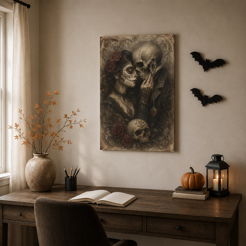 Art rétro sur toile, femme et squelette avec roses, H 30 po x l 20 po