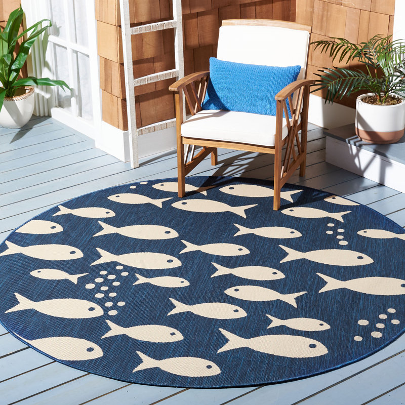 Tapis intérieur / extérieur bleu marine / beige Avani, Rond 6 pi 7 po