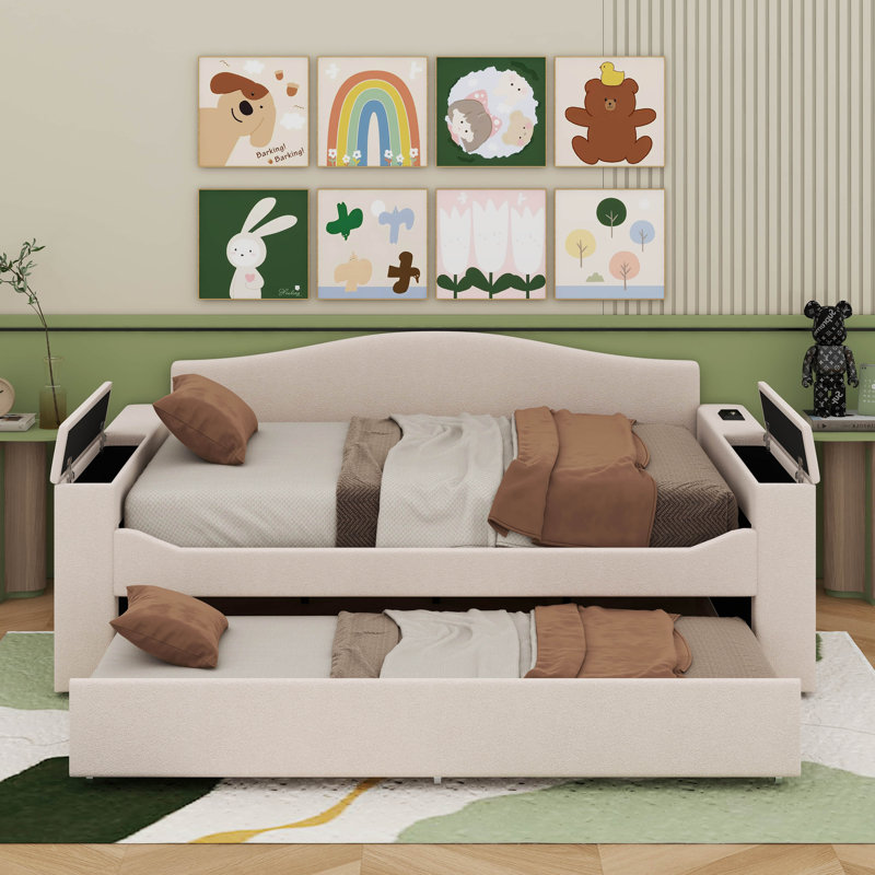 Full Upholstered Daybed With Trundle, Storage Armrests And Latest Integrated Bluetooth Audio System, Beige