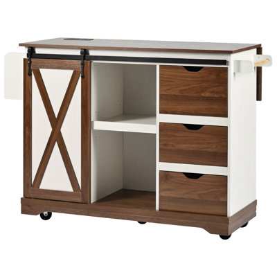 55.5 - Inch Kitchen Island With Drop Leaf, Sliding Barn Door, Adjustable Shelf, And Lockable Wheels For Dining Room Use Decor Convenience