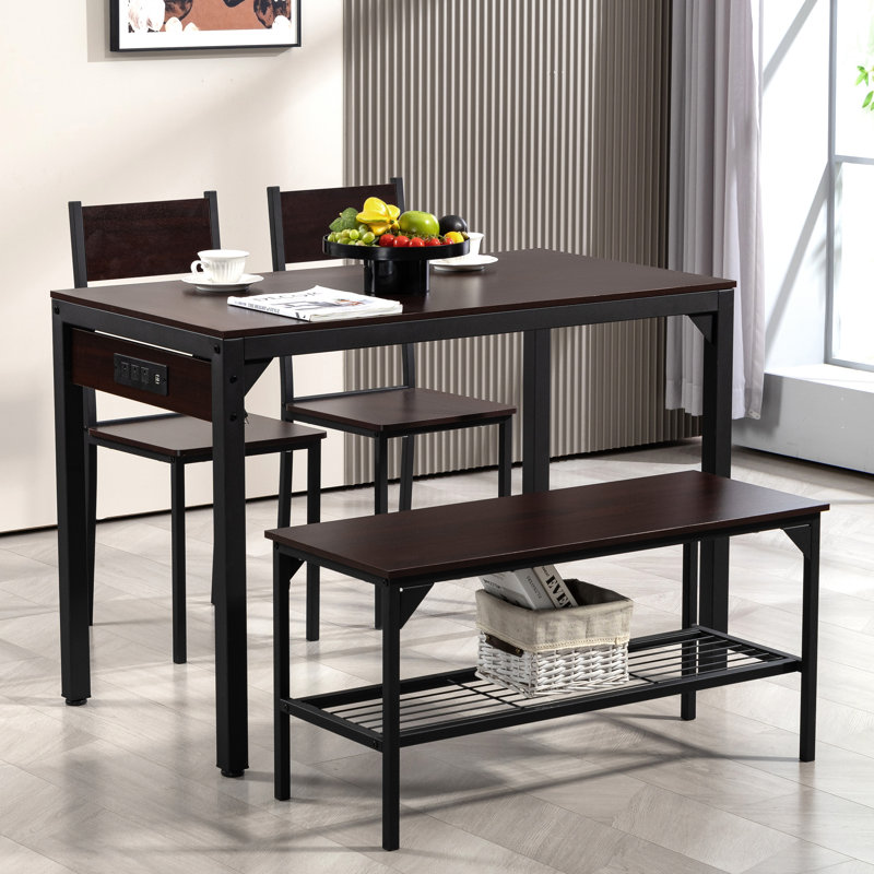  Ensemble de table de salle à manger 43,3 po pour 4 personnes avec lumières DEL et prise USB-C, table de cuisine moderne avec banc et 2 chaises, mobilier de salle à manger rectangulaire en métal pour petits espaces et appartements
