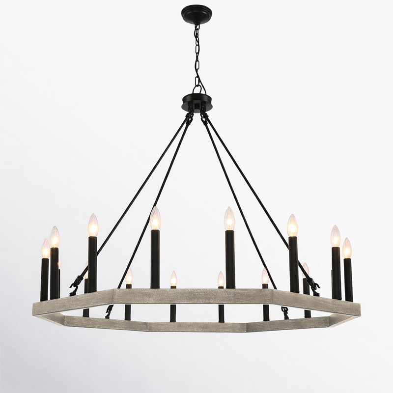 Lustre en roue de chariot 16 lumières Beck, Bois flottant / zinc vieilli