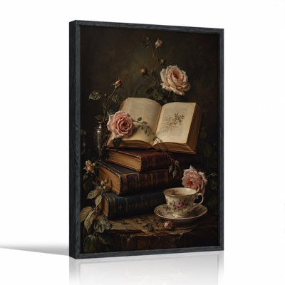Art rétro sur toile, livres rétro et roses roses avec tasse de thé