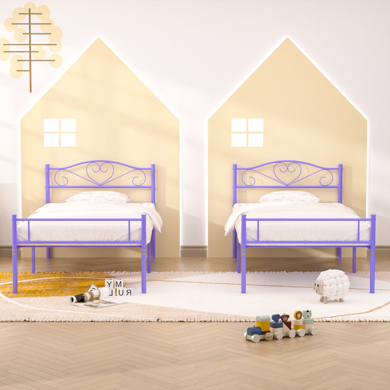 Cadre de lit 2 pièces Embourg, ensemble de cadre de lit plateforme en métal 2 pièces, lit mauve de style rétro avec tête de lit et pied de lit à volutes, aucun sommier nécessaire, parfait pour la chambre d'enfant, la chambre d'amis ou la location
