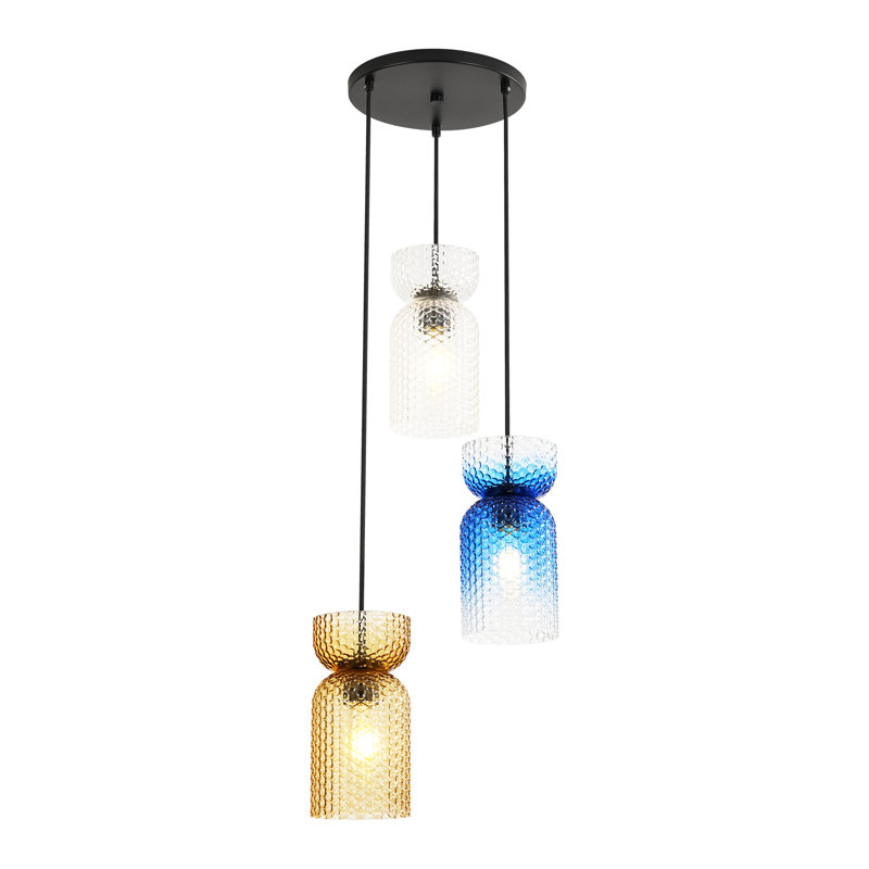 3-Light Dimmable Clear Amber Gradient Blue Textured Glass Pendant