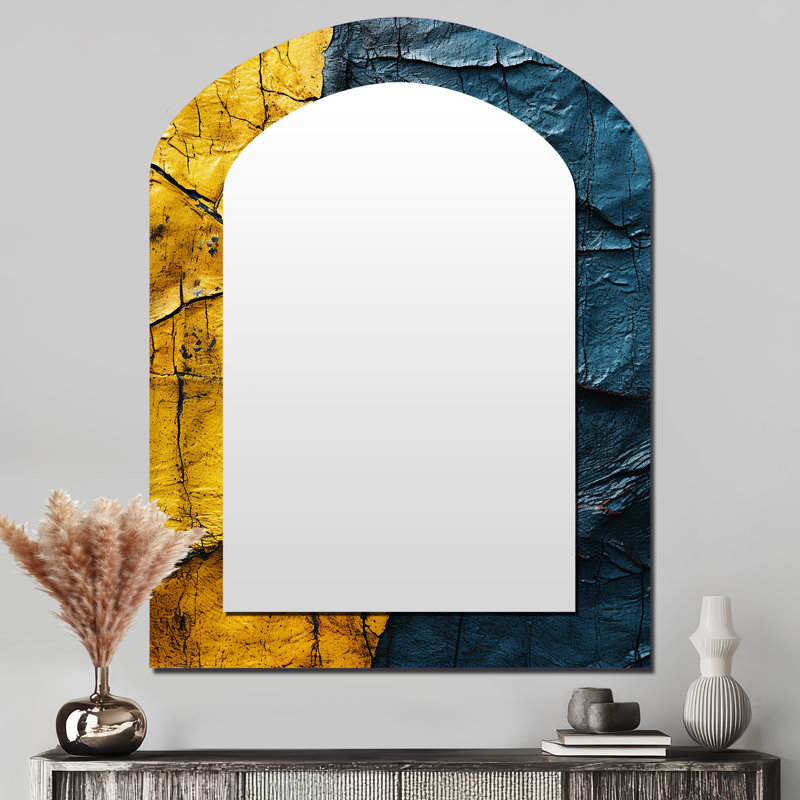 Jaune azur harmonique collages - miroir asymétrique de collages abstraits, miroir mural décoratif en arc doré, impression d'art en métal