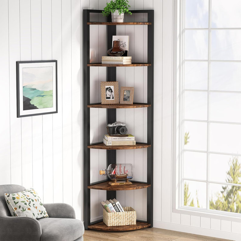 Bibliothèque d'angle à 6 niveaux, étagère de rangement, Rustic Brown
