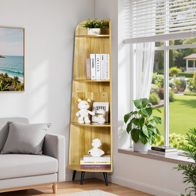 4 Tier Corner Shelf Bookcase, Tall Narrow Corner Storage Rack,  Wooden Display Shelf Organizer, Space Saving Bookshelf