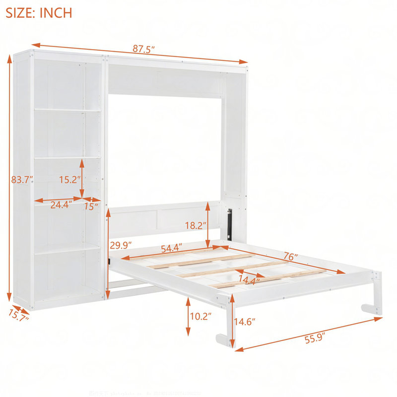 Lit escamotable mural avec tablettes Murphy, Double, Blanc