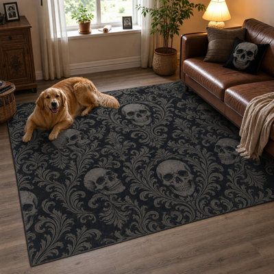 Tapis 1 pièce à motif damassé de style gothique foncé - Esthétique foncé, style victorien antique, motif orné rétro, tapis antidérapant durable pour le salon, la chambre à coucher, le couloir pour la maison