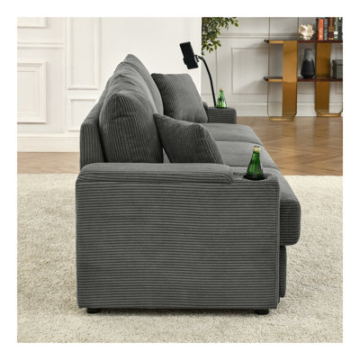 Canapé moderne à 4 places avec rangement, canapé à assise profonde avec porte-gobelets et porte-téléphone, canapé en velours côtelé pour le salon
