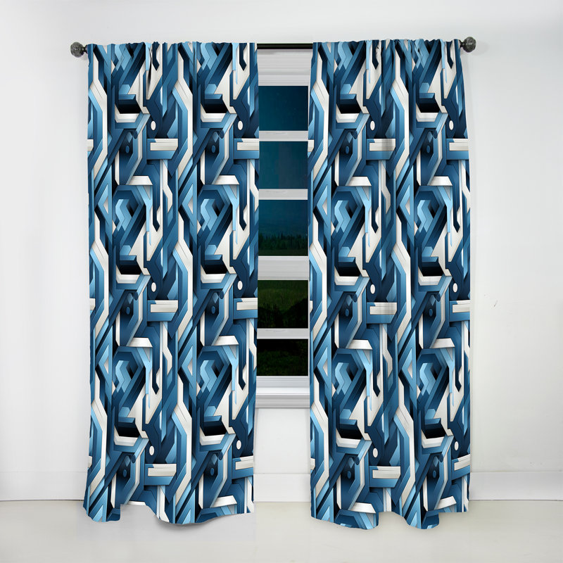 Motif de mosaïque géométrique blanc et bleu - Rideau obscurcissant géométrique abstrait - 1 panneau, L 52 po x L 63 po
