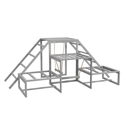 PawHut Wooden Chicken Coop Activity Center with Swings, Perches, and Ladder for Poultry Runs, Gray