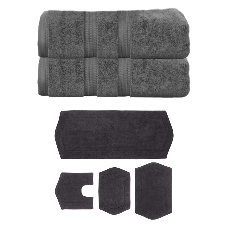 Bryd Collection 100% Soft Cotton 2 Pc Bath Towel Set & 4 Pc Bath Rug Set, (Set of 6), Dark Gray