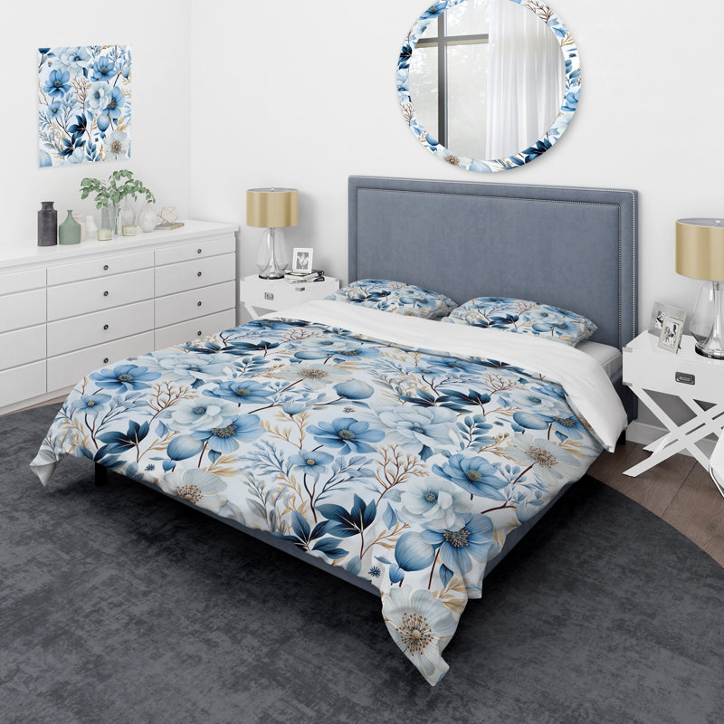 Literie motif arctique bleu et blanc II, Housse de couette pour grand lit et 2 taies décor