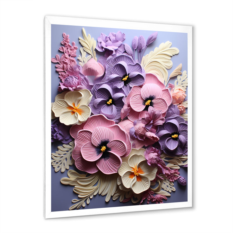 Pensées à l'aiguille - rose et mauve, Cadre simple blanc, H 32 po x l 24 po x P 1 po