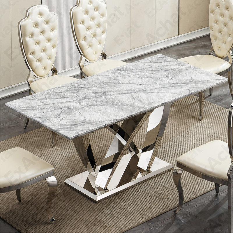 Table de salle à manger en marbre pour 6 personnes, table de salle à manger rectangulaire 70 po avec base en acier inoxydable à finition miroir, table de cuisine en marbre moderne de grande taille (argent, gris) (table seulement)