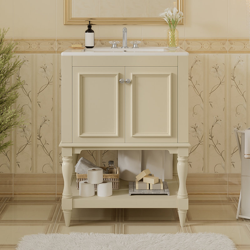 Meuble-lavabo de luxe moderne de 24 po avec lavabo en céramique, meuble de salle de bain avec tablette ouverte et rangement fermé