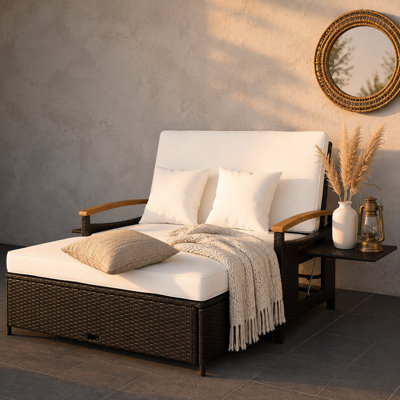 Multi-Functional Outdoor Sofa Bed, Foldable Backrest Storage Ottoman, Beige Rattan