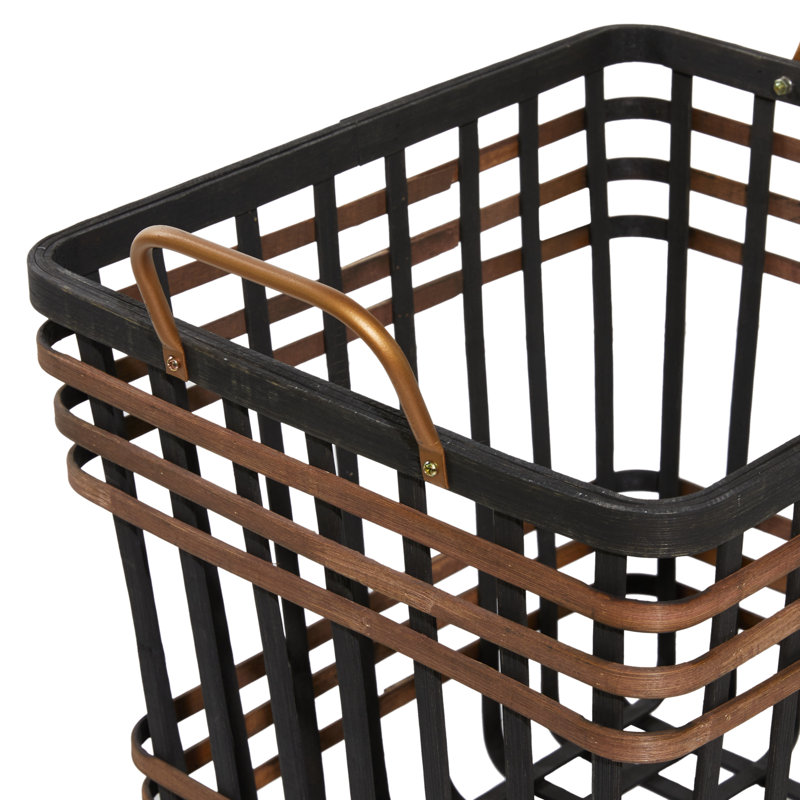 Panier de rangement carré en bois de bambou noir avec accents bruns, ensemble de 2