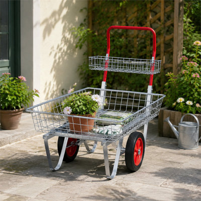 Chariot de jardin robuste argenté, plateaux et cadre en acier galvanisé, capacité de 150 kg, roues en caoutchouc plein de 28 cm, idéal pour ranger les outils de jardinage et la terrasse.