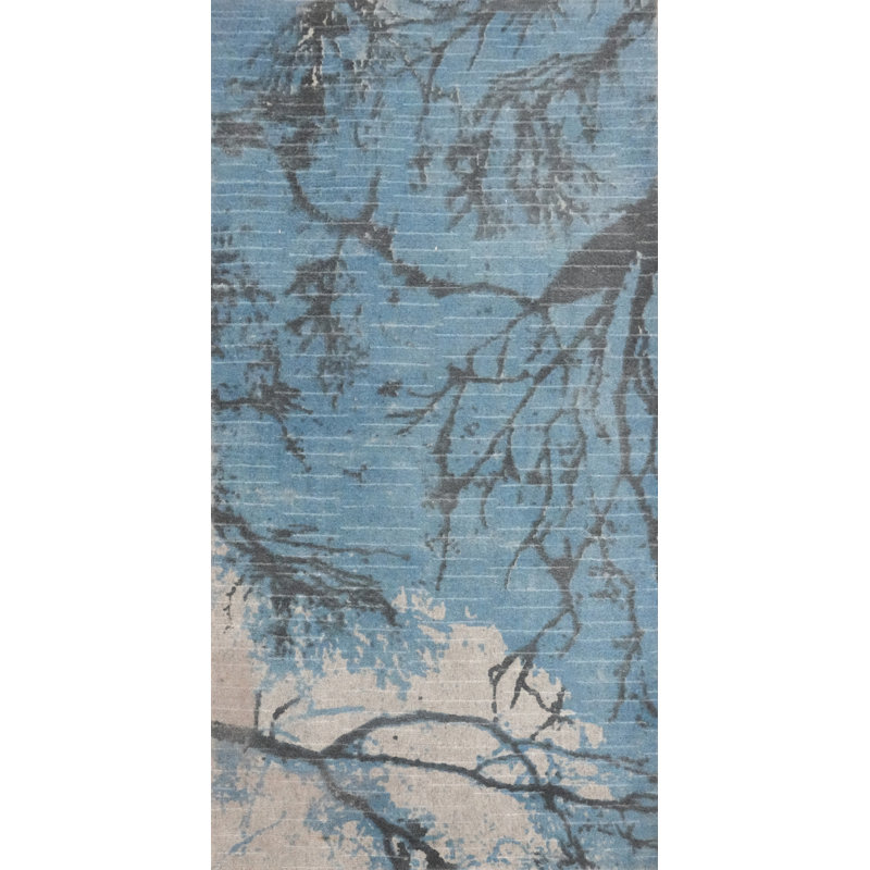 Élégant tapis moderne bleu 2 x 5 avec motif abstrait d'arbre