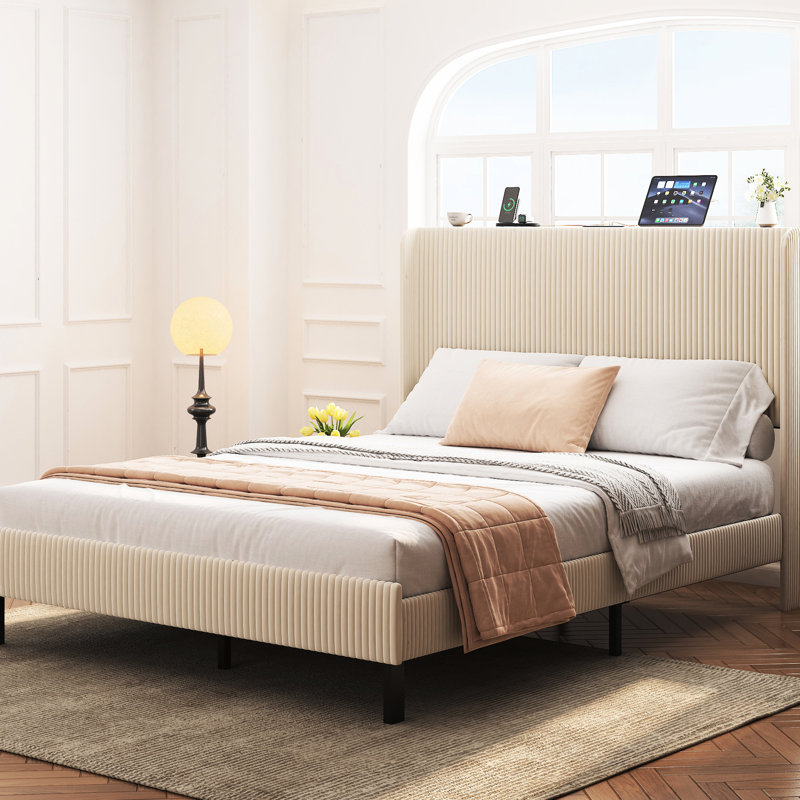 Beige Queen Platform Bed With Ports In Headboard, Metal Construction For Endurance, Simple Installation, No Box Spring Required, Frame Size Heavy - Duty Sturdiness, To Install, Needed, Stable Support